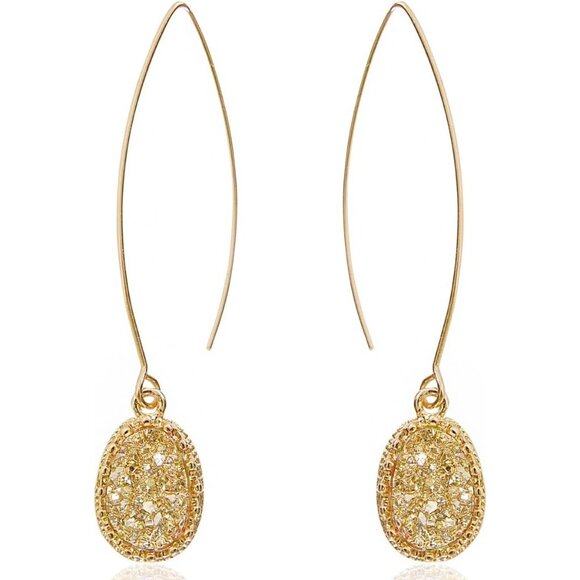 Women's Simulated Druzy Dangly Threader Earrings Gold Long Simple Boho Hoop - Picture 1 of 9